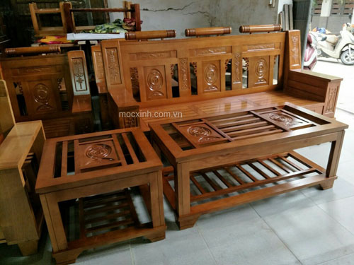 bộ bàn ghế phòng khách Như Ý sồi mỹ sơn màu xoan đào