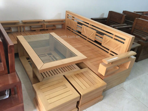Sofa góc tay móc kính cong sồi mỹ